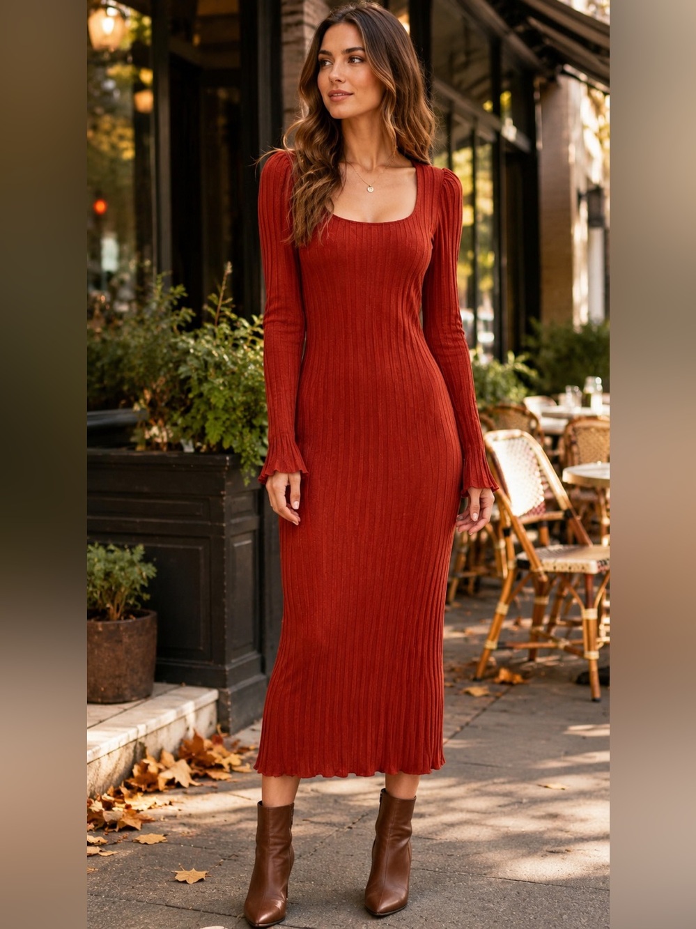 Reformation Rust Red Ribbed Long-Sleeve Midi Dress